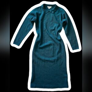 VTG 80s Ann Taylor Teal Ribbed Knit Polo Sweater Dress - Wool Blend - Hong Kong